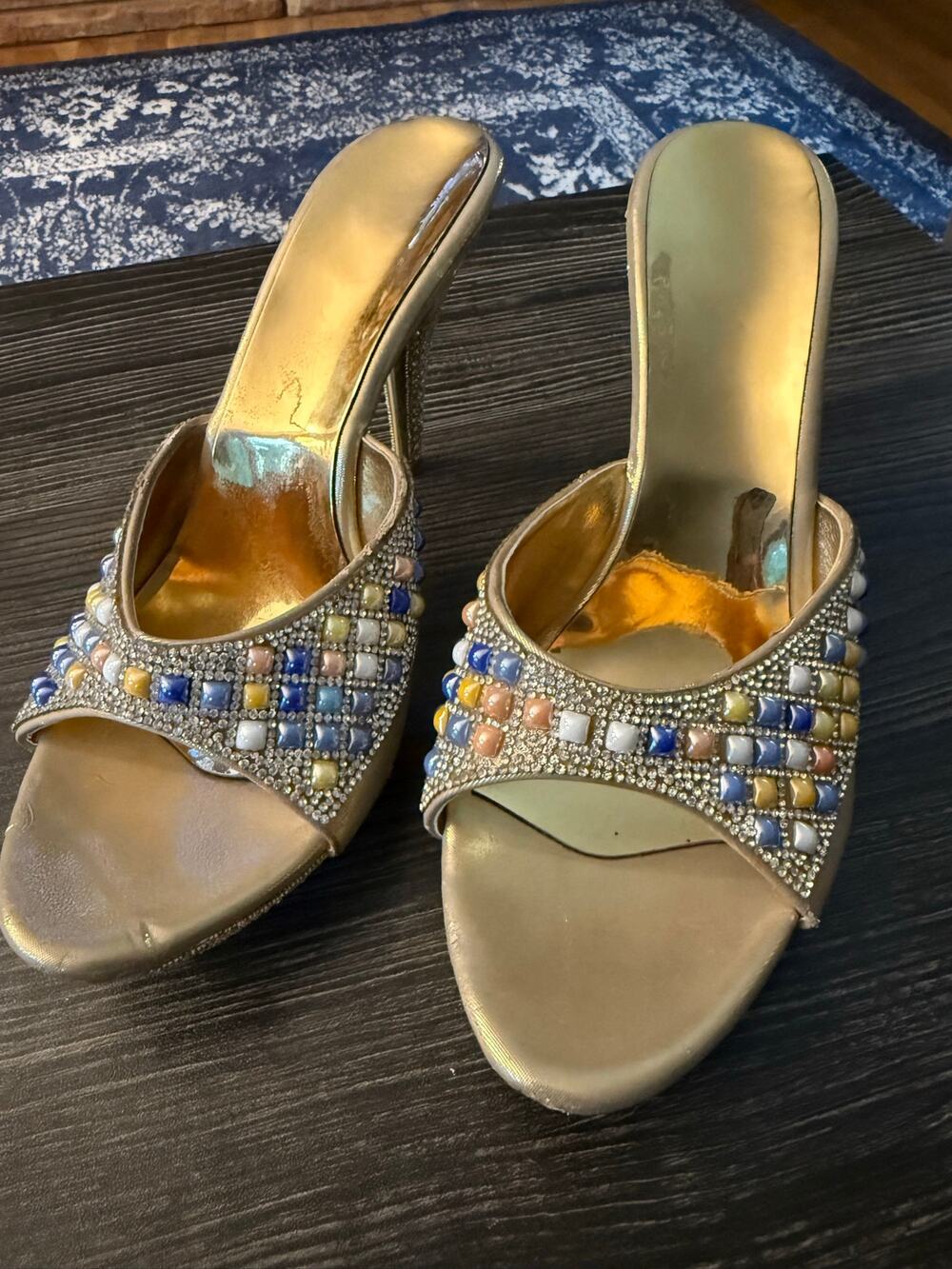 METRO Gold-Toned Rhinestone & Jeweled Slip-on High-Heel Mule Sandals Sz. 10